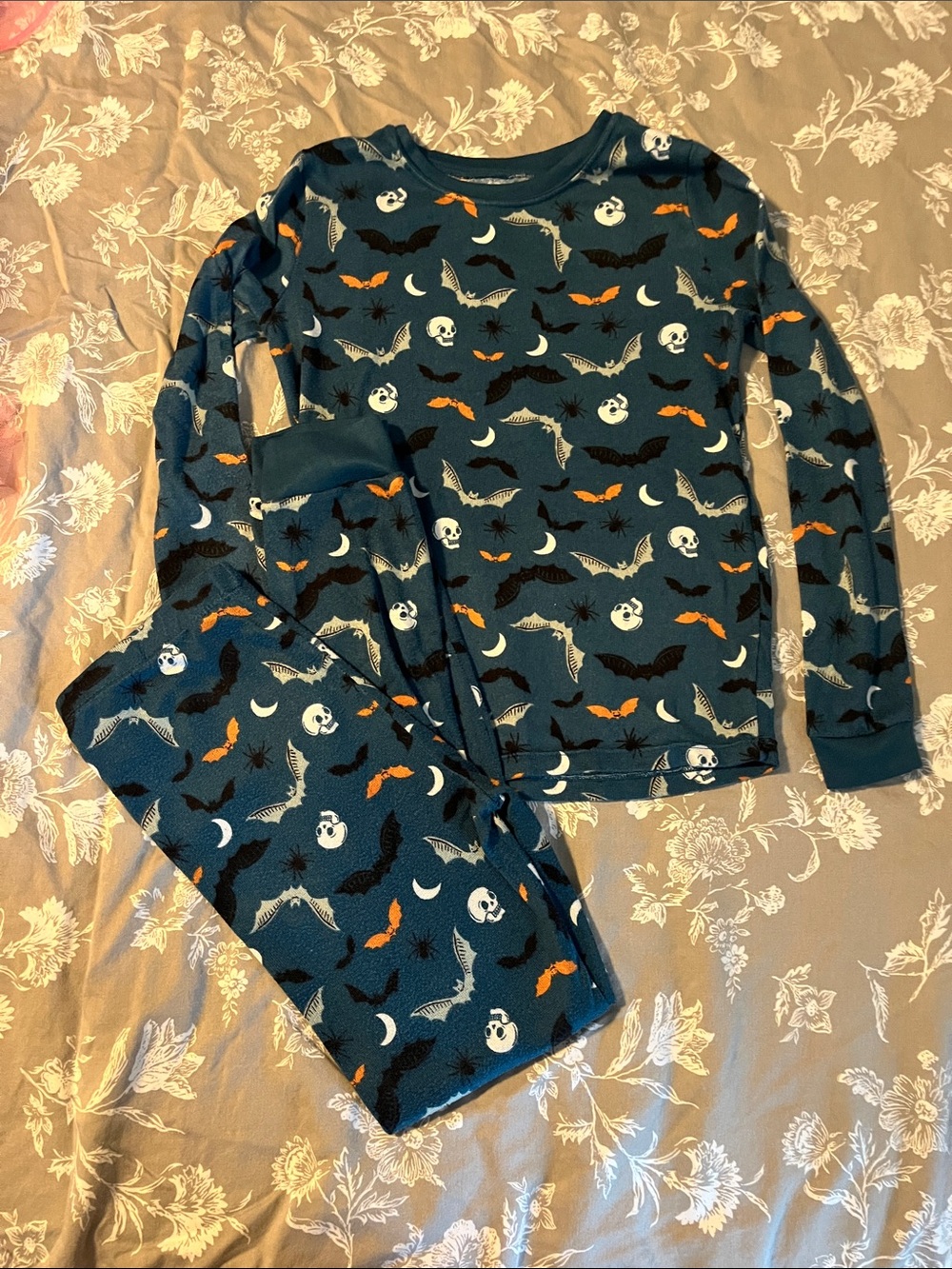 wonder nation Halloween Bat & Skull Pajama Set - Dark Teal with Orange & White